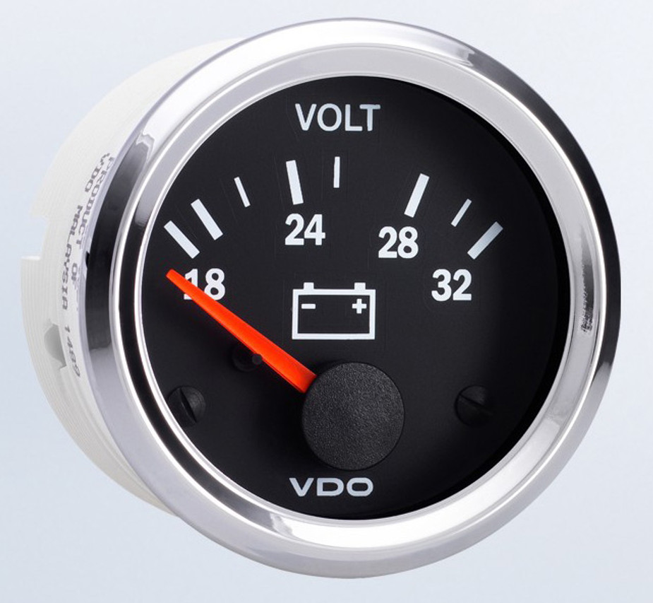 VDO Vision Chrome Part # 332-191 Voltmeter, 18-32 Volt, 52mm (2 1/16") Diameter. Thru-dial Lighting w/ Lighted Pointer, 24 Volt Lighted. .250" Male Spade Connectors or VDO 3-Prong Connector for a Clean Install. For 24 Volt Systems.