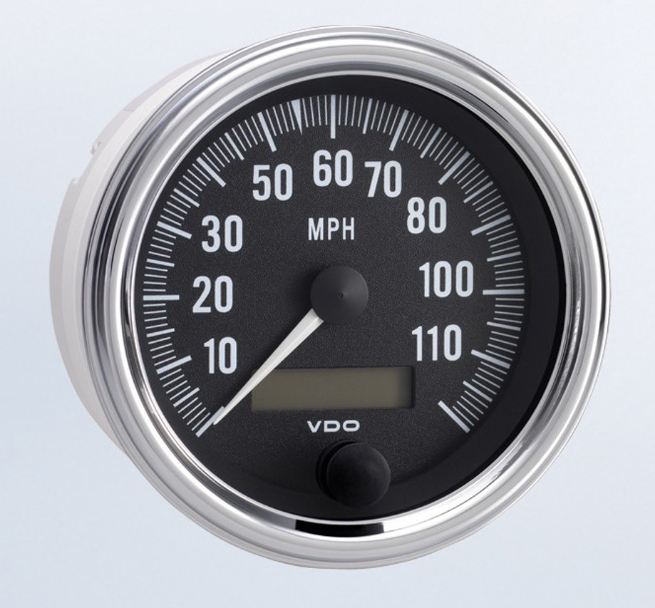 VDO Series 1 Speedometer, Electronic Programmable 0-120MPH with Resettable LCD Trip Odometer, Part #437-353, 3 1/8" (85mm) Diameter Halo Backlighted Lighting, White Pointer

 For use with hall effect, inductive, OEM electronic output, and generator senders. For 24 volt operation, replace lighting bulbs with 24 volt bulbs...

Connector Kit is Part # 240-053