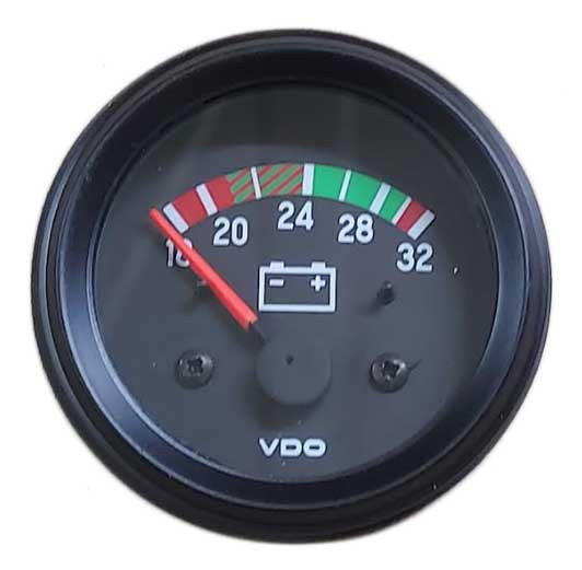 VDO Cockpit International Series Part # 332-933 Voltmeter, 18 - 32 Volt, 52mm (2 1/16") Diameter. Halo Lighting w/ Red Pointer, 24 Volt Lighted. .250" Male Spade Connectors For 24 Volt Systems.