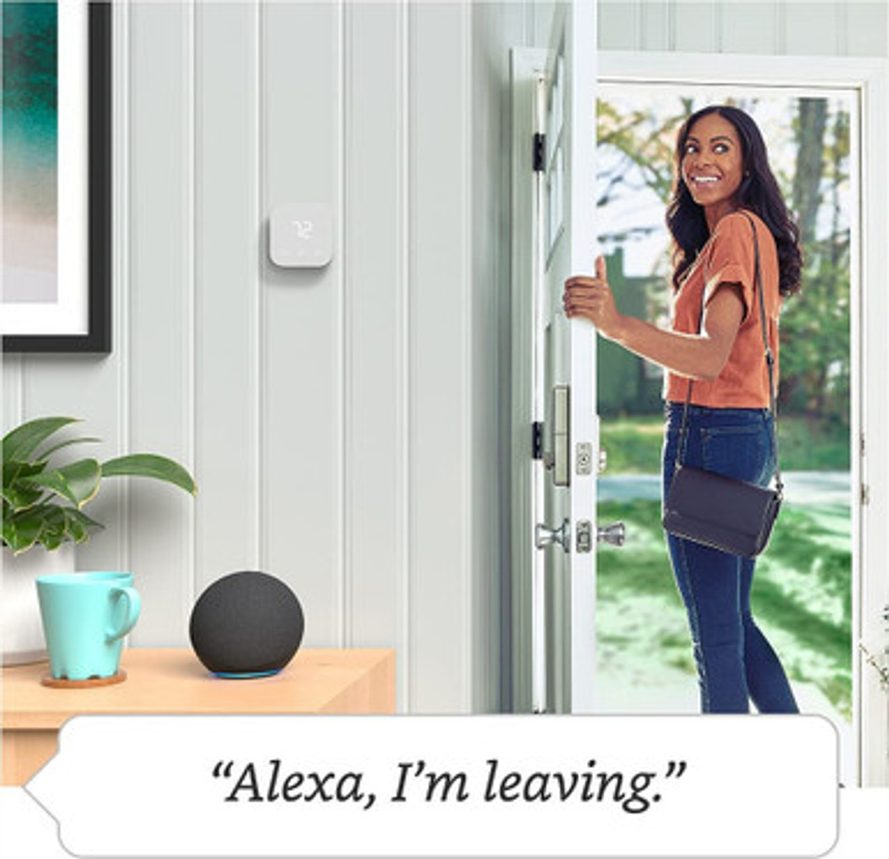 Woman telling Alexa she is leaving as she walks out the front door
