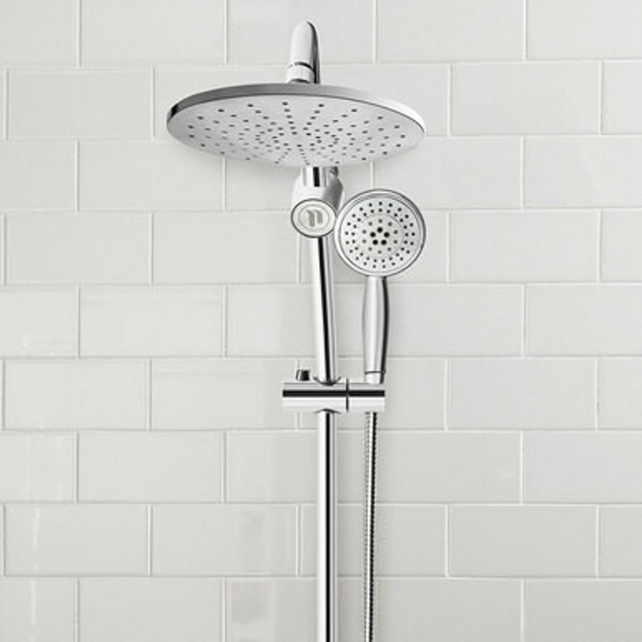 Shower rail kit with rain shower and handheld showerhead on shower wall