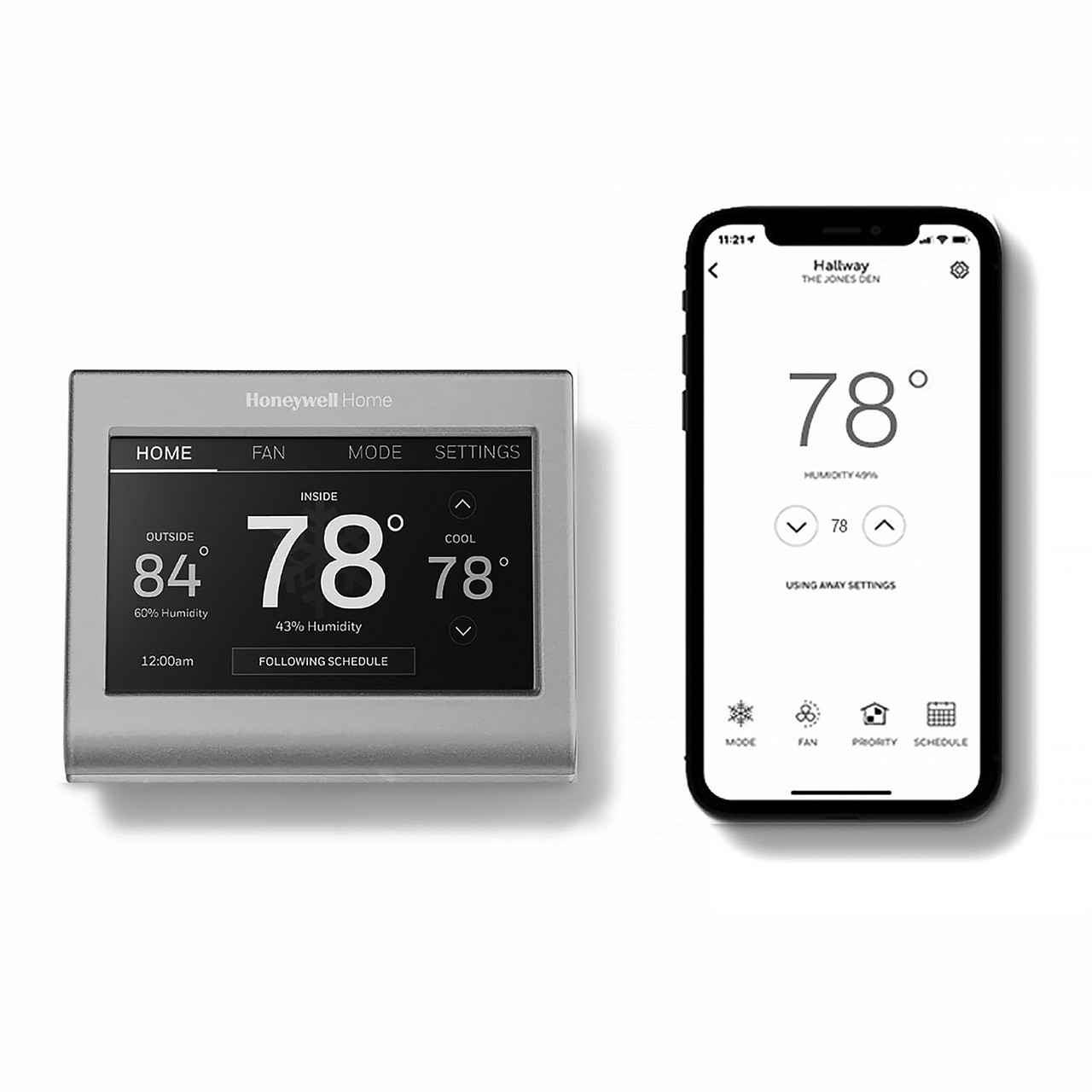 Honeywell thermostat with the app on a phone