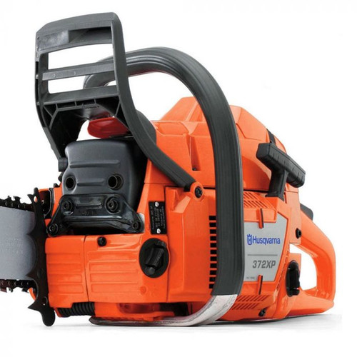Alt text: "Close-up view of the side of a Husqvarna 372 XP chainsaw, showcasing its detailed features like the air filter cover, starter handle, and choke control. The chainsaw is predominantly orange with black accents and has the Husqvarna logo in blue and white. The design indicates a robust and professional-grade tool, with a focus on the ergonomic handle and safety features