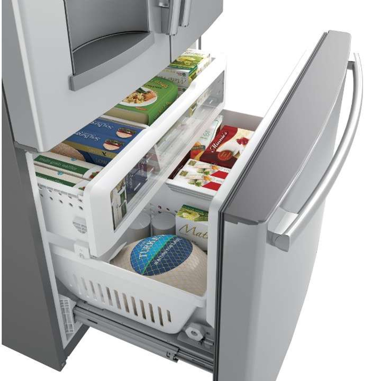 GFE28GYNFS GE 36 27.7 Cu. Ft. French-Door Bottom Freezer Refrigerator with  Showcase LED Lighting - Fingerprint