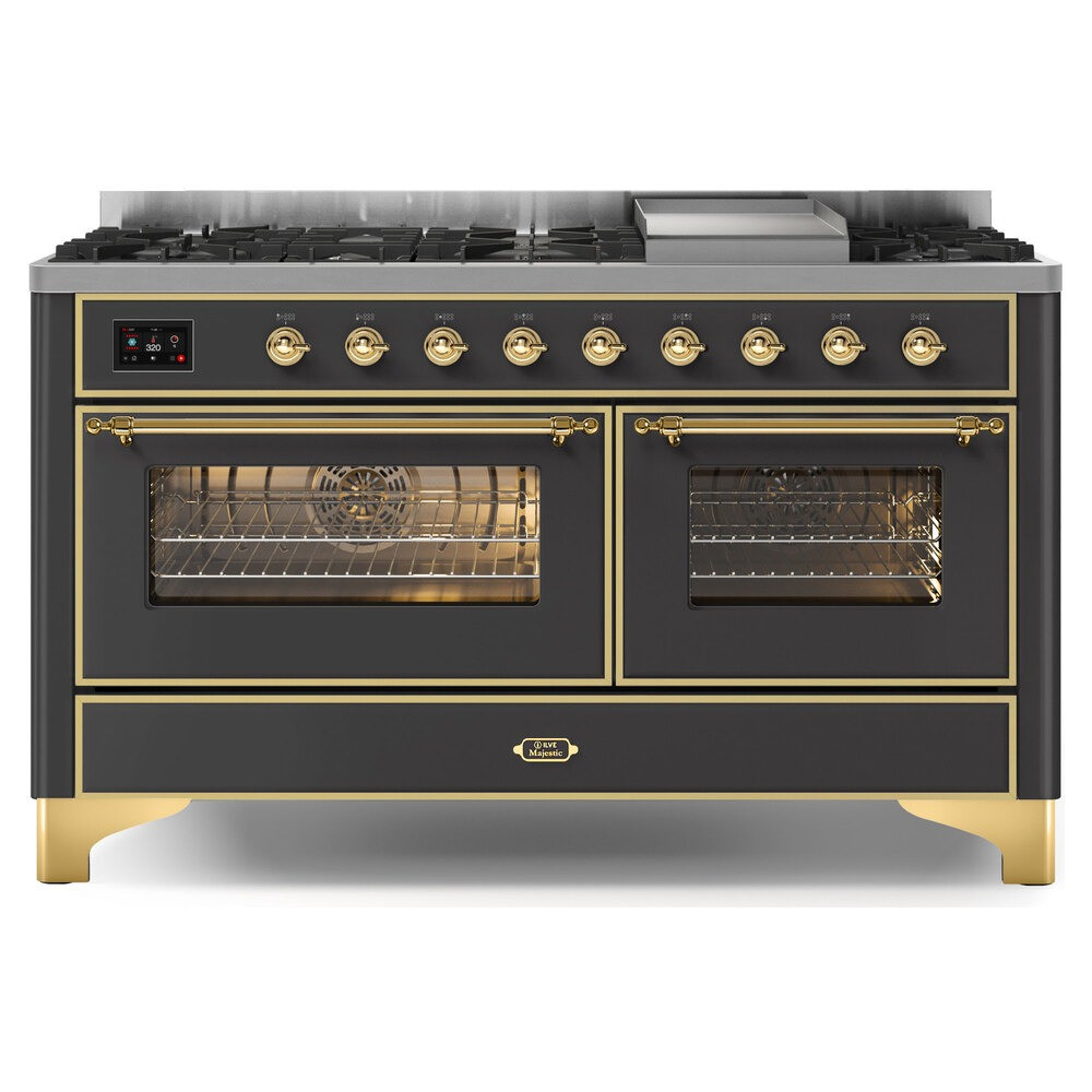 Ilve UM15FDNS3MGG Majestic II 60" Dual Fuel Range with 9 Burners and Griddle - Natural Gas - Graphite Matte with Brass Trim