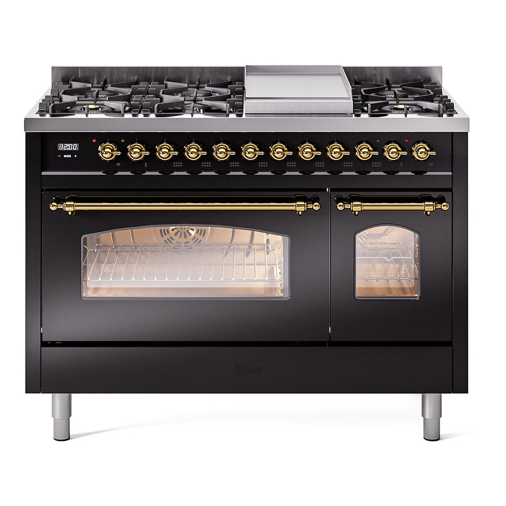 Ilve UP48FNMPBKG Nostalgie II 48" Dual Fuel Range with 8 Sealed Burners and Griddle - Natural Gas - Glossy Black with Brass Trim