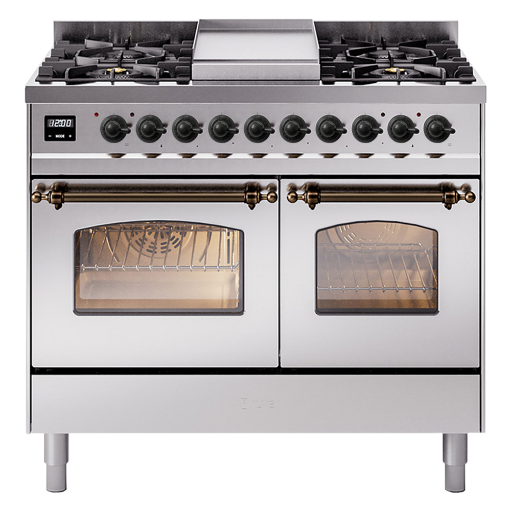 Ilve UPD40FNMPSSB Nostalgie II 40" Dual Fuel Range with Double Ovens and Griddle - Natural Gas - Stainless Steel with Burnished Trim