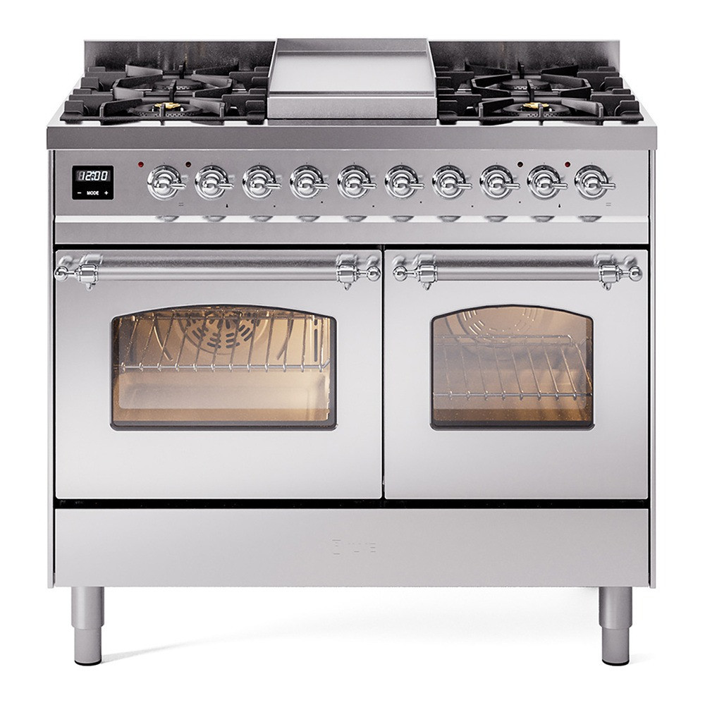 Ilve UPD40FNMPSSC Nostalgie II 40" Dual Fuel Range with Double Ovens and Griddle - Natural Gas - Stainless Steel with Chrome Trim