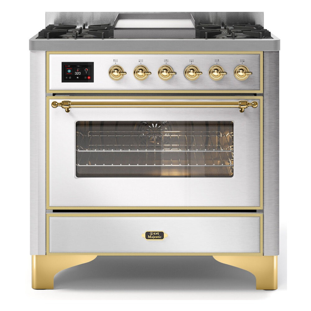 UM09FDNS3SSG Ilve Majestic II 36" Dual Fuel Range with 6 Burners and Griddle - Natural Gas - Stainless Steel with Brass Trim