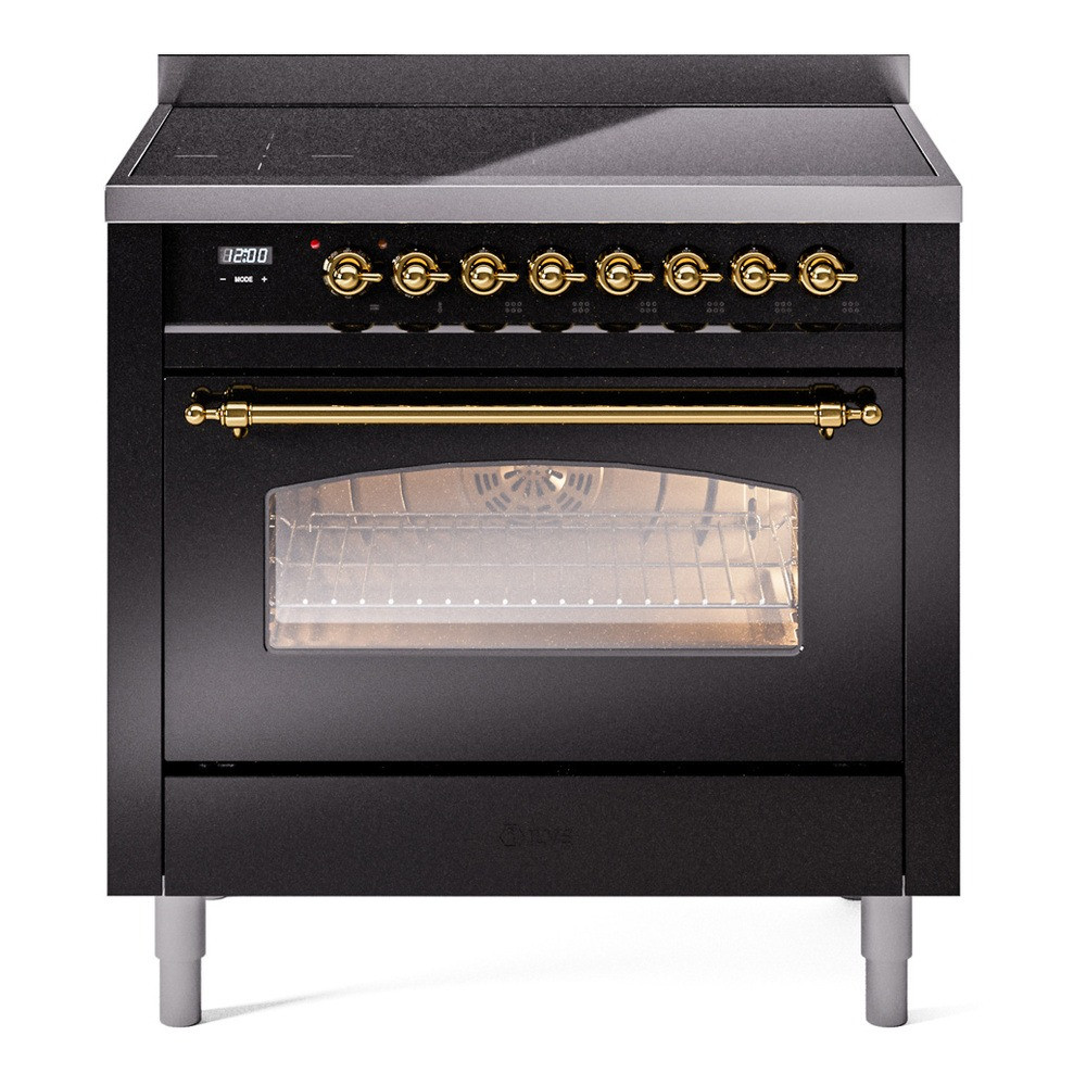 Ilve UPI366NMPBKG Nostalgie II 36" Induction Range with 6 Cooking Elements - Glossy Black with Brass Trim