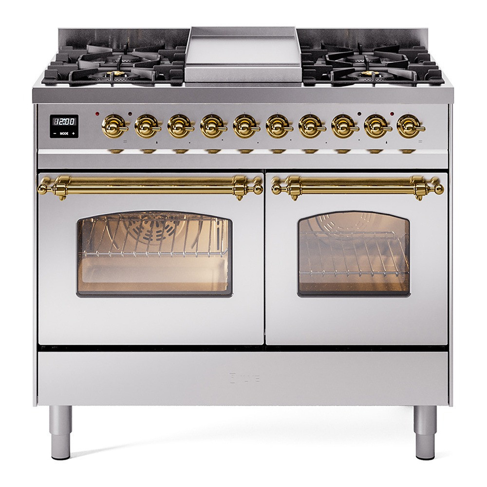 Ilve UPD40FNMPSSGLP Nostalgie II 40" Dual Fuel Range with Double Ovens and Griddle - Liquid Propane - Stainless Steel with Brass Trim