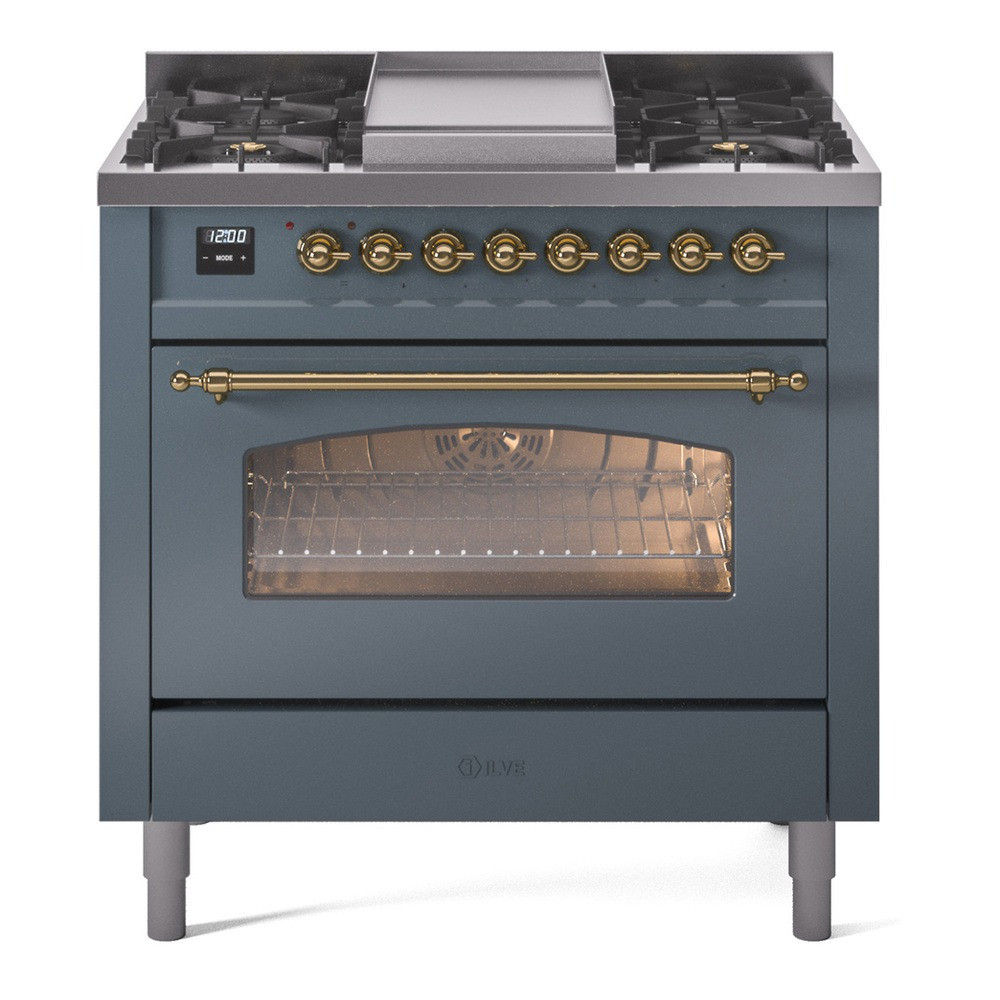 UP36FNMPBGG Ilve Nostalgie II 36" Dual Fuel Range with 6 Burners and Griddle - Natural Gas - Blue Grey with Brass Trim