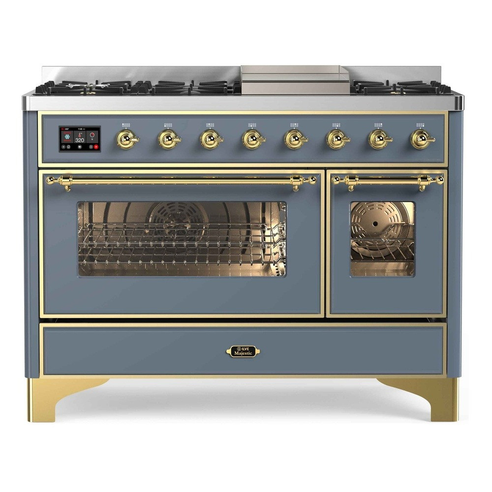 UM12FDNS3BGG Ilve Majestic II 48" Dual Fuel Range with 8 Black Brass Burners and Griddle - Natural Gas - Blue Grey with Brass Trim