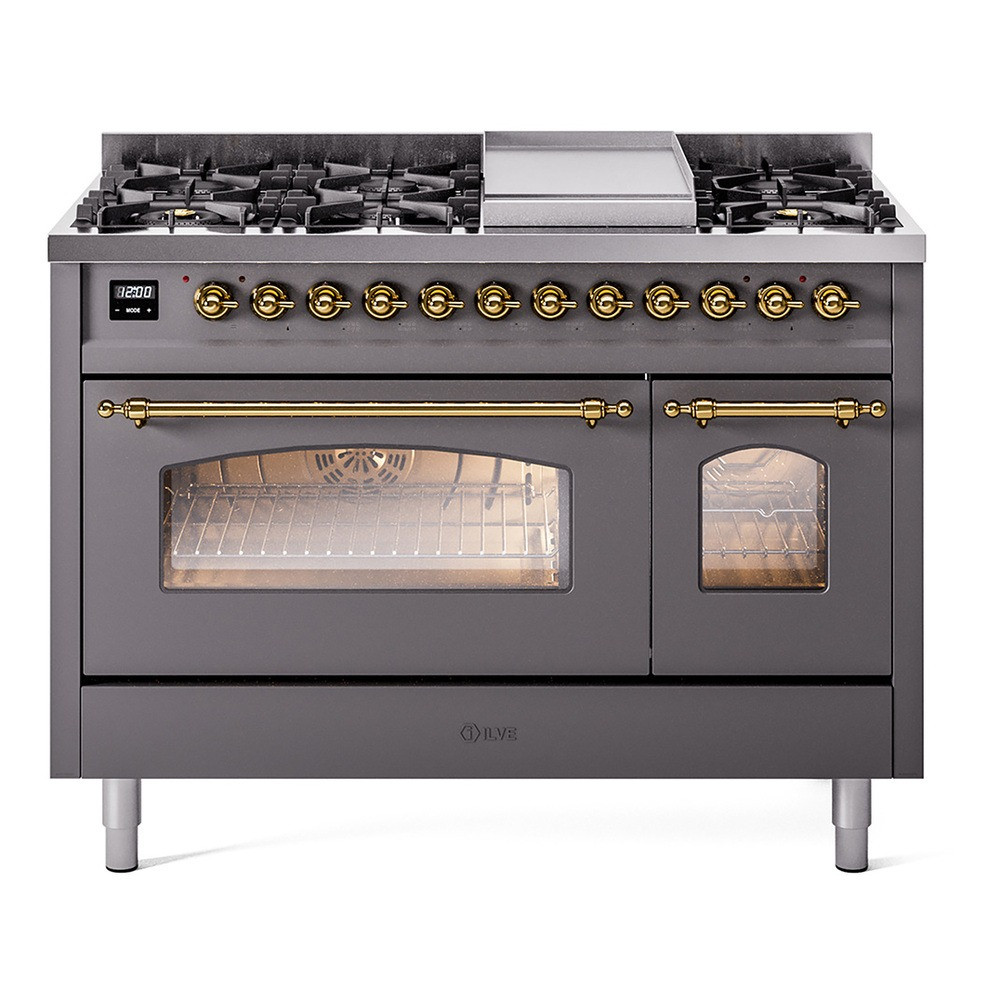 Ilve UP48FNMPMGG Nostalgie II 48" Dual Fuel Range with 8 Sealed Burners and Griddle - Natural Gas - Graphite Matte with Brass Trim