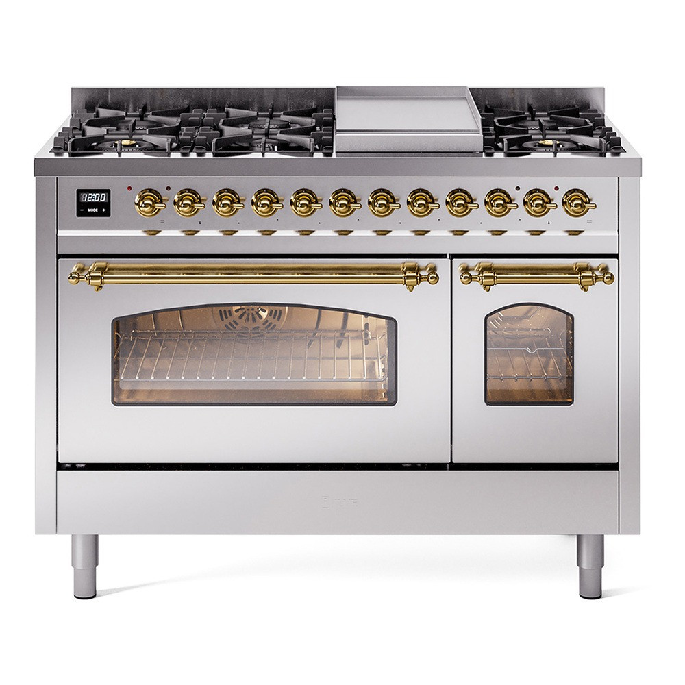 Ilve UP48FNMPSSGLP Nostalgie II 48" Dual Fuel Range with 8 Sealed Burners and Griddle - Liquid Propane - Stainless Steel with Brass Trim