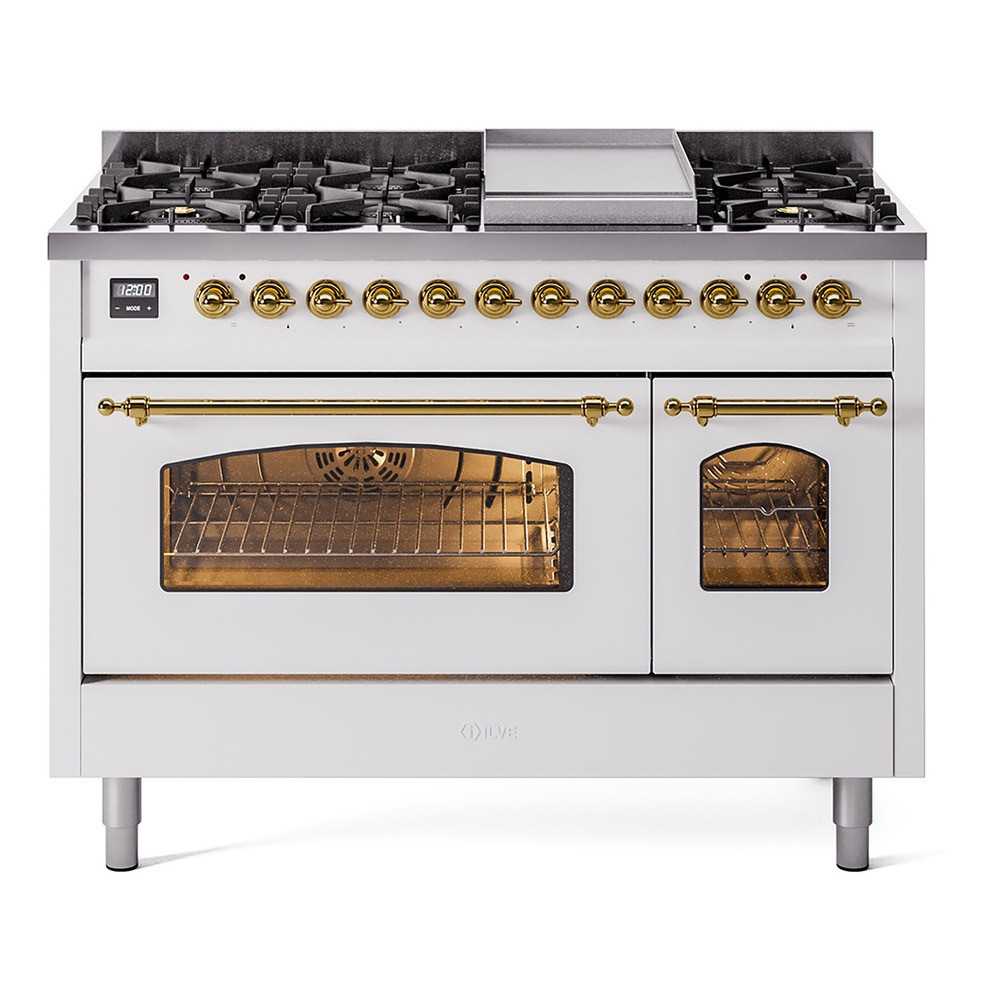 Ilve UP48FNMPWHGLP Nostalgie II 48" Dual Fuel Range with 8 Sealed Burners and Griddle - Liquid Propane - White with Brass Trim