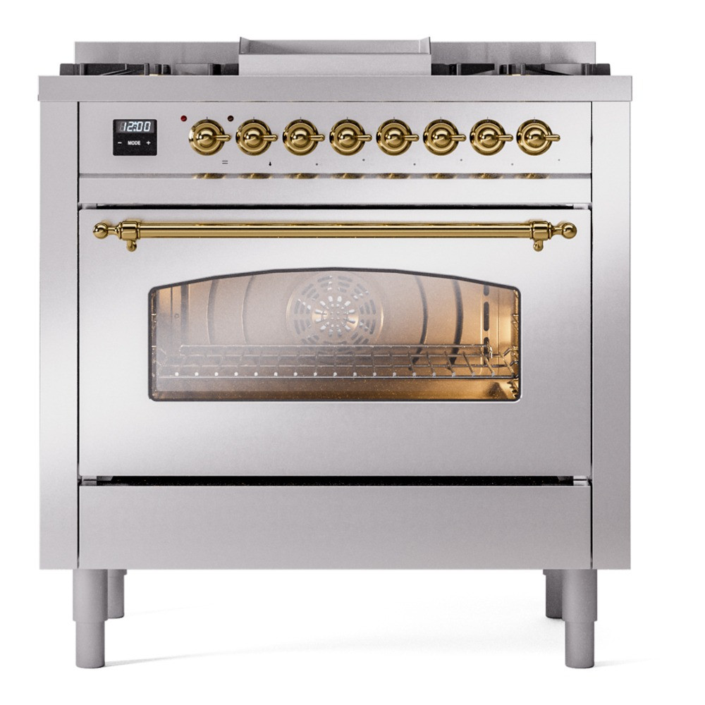 Ilve UP36FNMPSSGLP Nostalgie II 36" Dual Fuel Range with 6 Burners and Griddle - Liquid Propane - Stainless Steel with Brass Trim