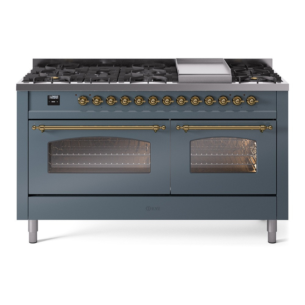 Ilve UP60FNMPBGG Nostalgie II 60" Dual Fuel Range with 9 Sealed Burners and Griddle - Natural Gas - Blue Grey with Brass Trim