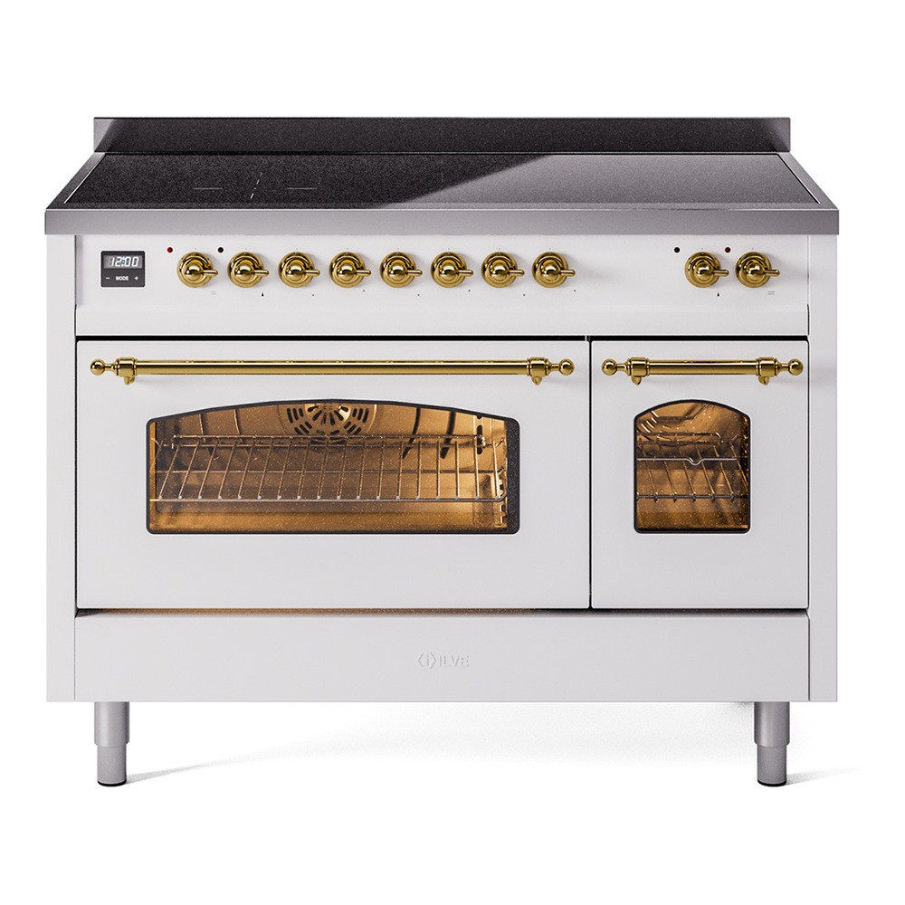 Ilve UPI486NMPWHG Nostalgie 48" Induction Range with 6 Cooking Elements - White with Brass Trim