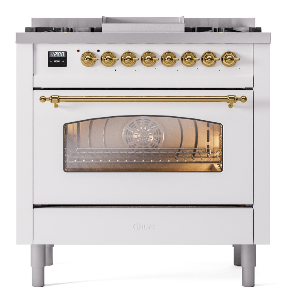 Ilve UP36FNMPWHGLP Nostalgie II 36" Dual Fuel Range with 6 Burners and Griddle - Liquid Propane - White with Brass Trim