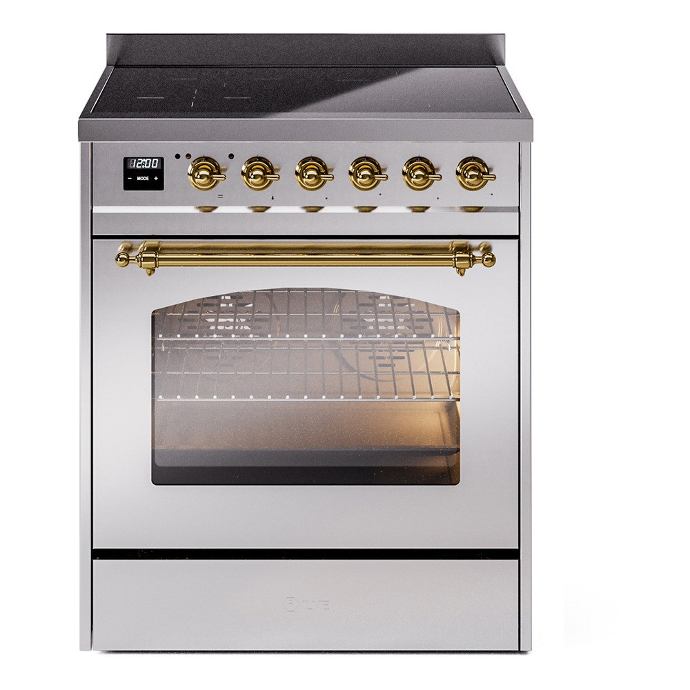 Ilve UPI304NMPSSG Nostalgie II 30" Induction Range with 4 Cooking Elements - Stainless Steel with Brass Trim