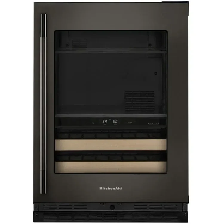 KitchenAid KUBR524SBE 24" Beverage Center with Glass Door and Wood Front Racks - Right Hinge - Black Ore