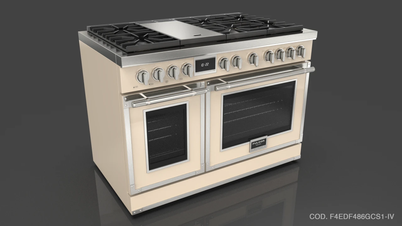 Fulgor Milano F4EDF486GCS1IV Evoque Dual Fuel Range with Griddle and Brushed Chrome Trim - Ivory
