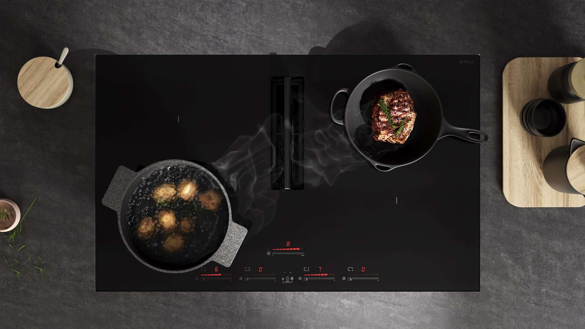 ENF430BL Elica 30" NikolaTesla Flux Series Induction Cooktop with Downdraft Hood Black Glass