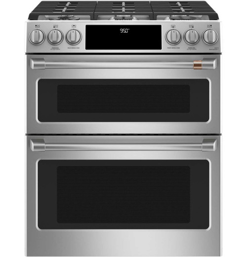 C2S950P2MS1 Cafe 30" Slide-In Front Control Dual Fuel Range with Double Oven - Stainless Steel with Brushed Stainless Steel Handles and Knobs