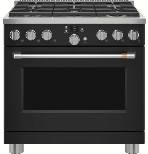 C2Y366P3TD1 Cafe 36" Smart Dual Fuel Commercial Style Range with 6 Burners - Matte Black with Brushed Stainless Steel Handle and Knobs