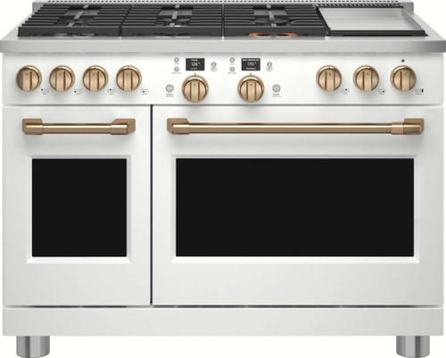 C2Y486P4TW2 Cafe 48" Professional Series Dual-Fuel Commercial-Style Range with 6 Burners and Griddle - Matte White with Brushed Bronze Handles and Knobs