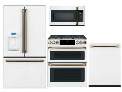 Package CAFEMW1 - Cafe Appliance Package - 4 Piece Appliance Package with Gas Range - Matte White with Brushed Bronze Hardware