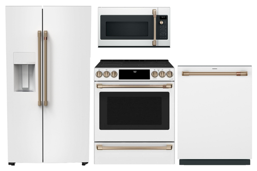 Package CAFEMW2 - Cafe Appliance 4 Piece Kitchen Package with Electric Range - Matte White with Brushed Bronze Hardware