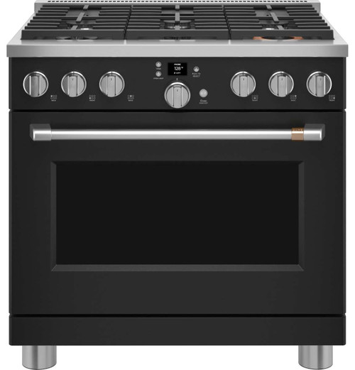 CGY366P3TD1 Cafe 36" Smart All Gas Commercial Style Range with 6 Burners - Matte Black with Brushed Stainless Handles and Knobs