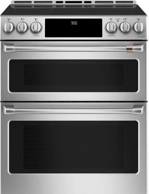 CHS950P2MS1 Cafe 30" Slide-In Front Control Induction Double Oven Range with True European Convection - Stainless Steel with Brushed Stainless Steel Handles and Knobs