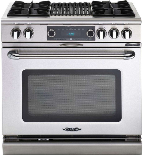 COB362B2L Capital 36" Connoisseurian Dual Fuel Self-Clean Range with 4 Open Burners + 12" Grill with Commercial Grates - Liquid Propane - Stainless Steel