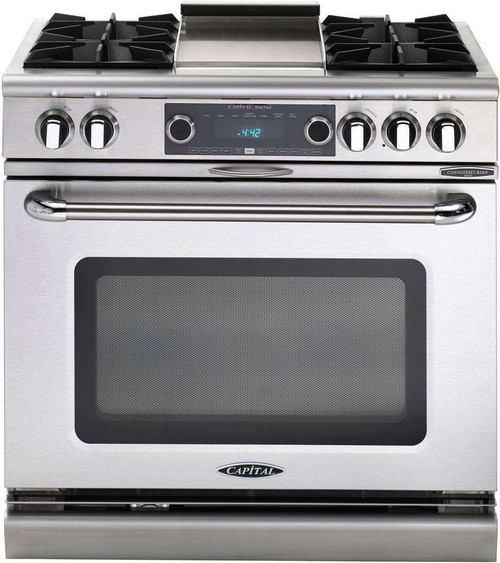 COB362G2N Capital 36" Connoisseurian Dual Fuel Self-Clean Range with 4 Open Burners + 12" Thermo-Griddle - Natural Gas - Stainless Steel