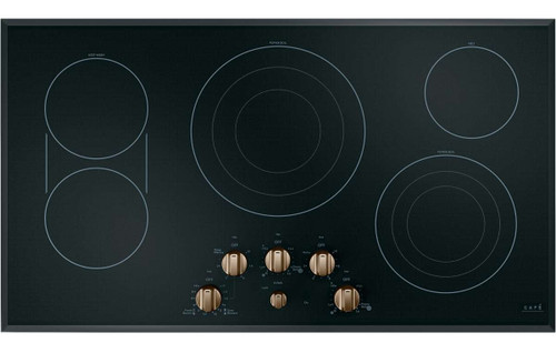 CEP70363MS2 Cafe 36" Smoothtop Electric Cooktop with LED Backlit Knobs and Sync-Burners Capability - Black with Brushed Bronze Knobs