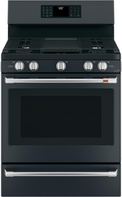 CGB500P3MD1 Cafe 30" Freestanding Gas Range with True European Convection and Wi-Fi Connect - Matte Black with Brushed Stainless Handles - CLEARANCE