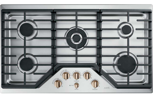 CGP95363MS2 Cafe 36" Gas Cooktop with LED Backlit Heavy-Duty Knobs and Extra-Large Integrated Cooktop Griddle - Stainless Steel with Brushed Bronze Knobs
