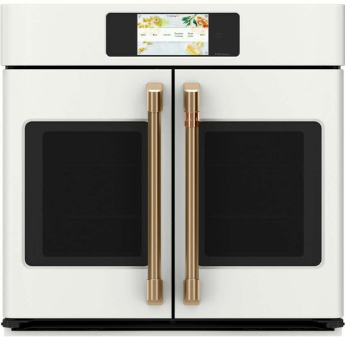 CTS90FP4NW2 Cafe 30" Professional Series Single French Door Electric Wall Oven with True European Convection - Matte White with Brushed Bronze Handles