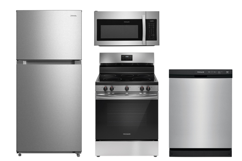 Package 15 - Frigidaire Appliance Package - 4 Piece Appliance Package with Top Mount Refrigerator and Electric Range - Stainless Steel