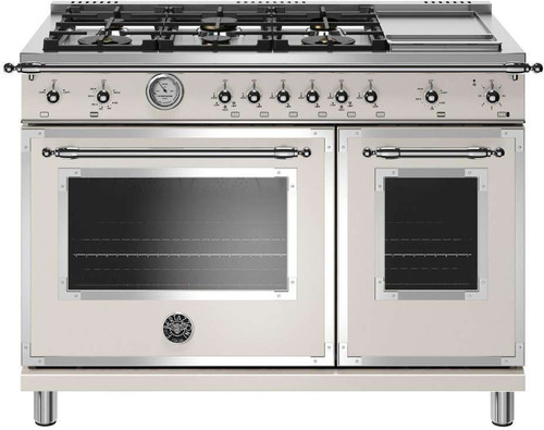 HERT486GGASAVT Bertazzoni 48" Heritage Series All Gas Range with 6 Brass Burners and Smooth Glide Telescopic Racks - Ivory Gloss