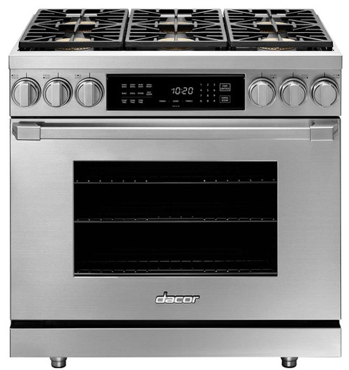 HDPR36SNG Dacor 36" Professional Natural Gas Dual Fuel Pro Range with Pro Handles Illumina Burner Controls - Stainless Steel