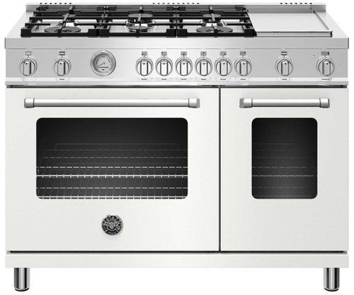 MAST486GGASBIE Bertazzoni 48" Master Series Free Standing 6 Burner Double Oven All Gas Range with Electric Griddle - Matt White