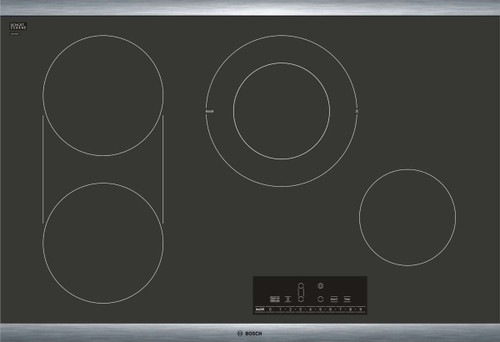 NET8068SUC Bosch 30" Electric Cooktop with 4 Smoothtop Burners and SpeedBoost Burner - Black with Stainless Steel Frame