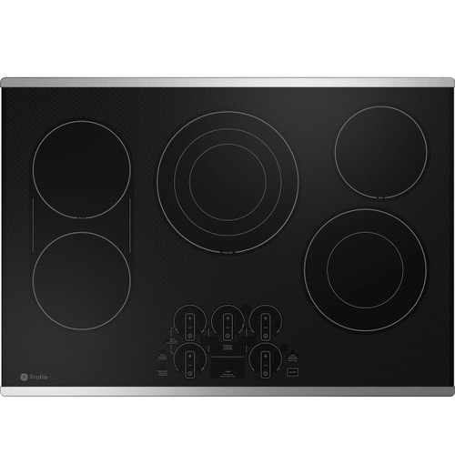 PEP9030STSS GE Profile 30"  Built In WiFi Enabled Electric Cooktop with Touch Controls and 5 Radiant Cooking Elements - Black with Stainless Steel Trim