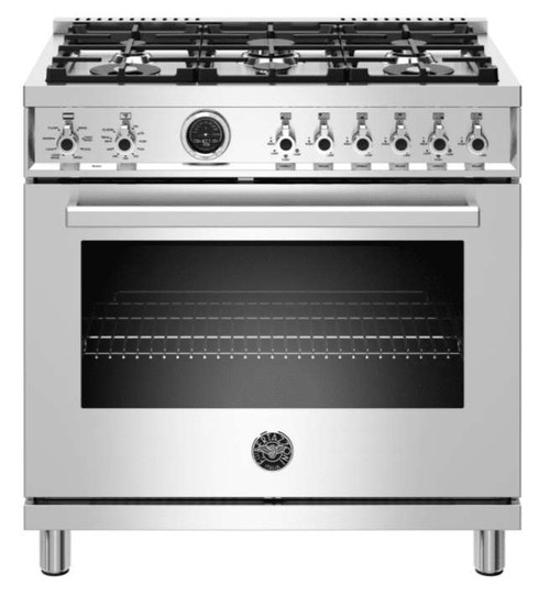 PROF366DFSXT Bertazzoni 36" Professional Series Free Standing 6 Burner Dual Fuel Range with Electric Self Clean Oven - Stainless Steel