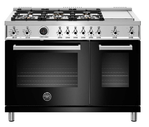 PROF486DFSNET Bertazzoni 48" Professional Series Free Standing 6 Burner Double Oven Dual Fuel Range with Griddle and Electric Self Clean Oven - Black