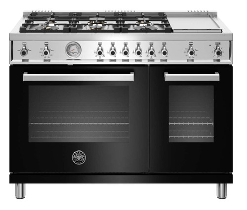 PROF486GGASNET Bertazzoni 48" Professional Series Free Standing 6 Burner Double Oven All Gas Range with Griddle - Black